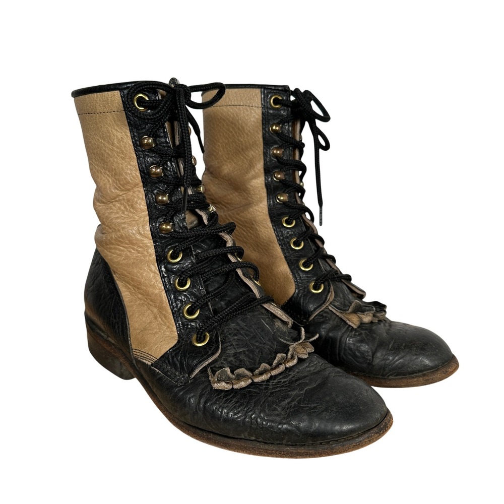 Vintage Western Cottage Black Tan Leather Kiltie Lace Up Boot Doulet Canada 5.5